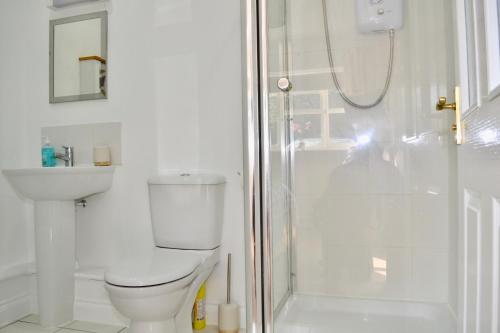 a white bathroom with a toilet and a shower at Beautiful studio in Ely in Ely
