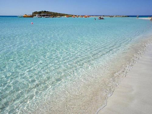 a beach with clear blue water and a sandy shore at Palm garden paradise in Pervolia