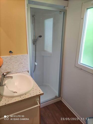 W łazience znajduje się prysznic i umywalka. w obiekcie Camping les tilleuls du caminel Mobile home 97 w mieście Sarlat-la-Canéda