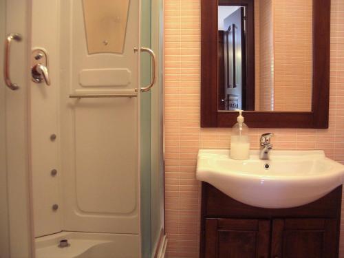 a bathroom with a sink and a mirror and a shower at Casa Giuditta Palermo Central in Palermo