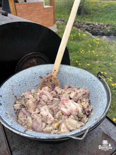 a pan of meat cooking on a grill with a wooden spoon at Transylvania Apartments in Borzont