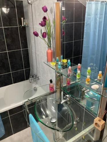 uma casa de banho com um lavatório de vidro e um espelho. em Moniz Apartment em Caniço
