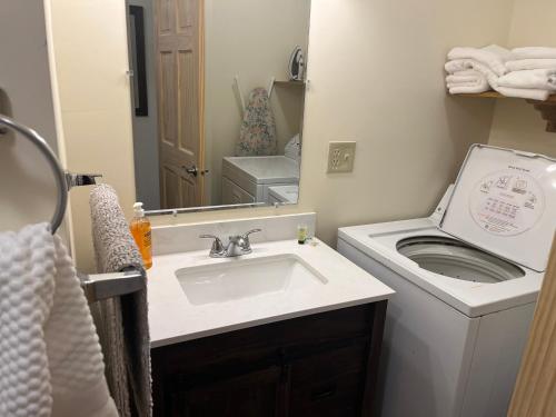 a bathroom with a sink and a toilet and a mirror at Creekside Downtown Vacation Suites, Only Adults 25 or older in Buffalo