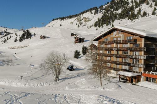 an aerial view of a ski lodge in the snow at Valaisia 135 in Riederalp