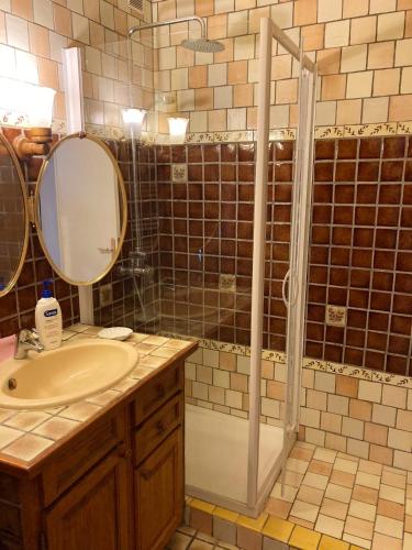 une salle de bain avec une douche, un lavabo et un miroir dans l'établissement Maison charmante - Roquebrune-sur-Argens - Terrasse et vue, à Roquebrune-sur Argens