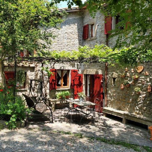 a table and chairs in front of a stone building at La Baronessa Country House in Montefiascone
