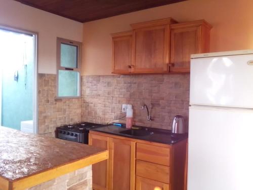 uma cozinha com armários de madeira e um frigorífico branco em hospedaje vicenzo em Melo