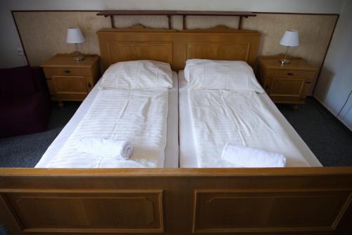 two beds in a bedroom with two nightstands at Penzion Diana in Železná Ruda