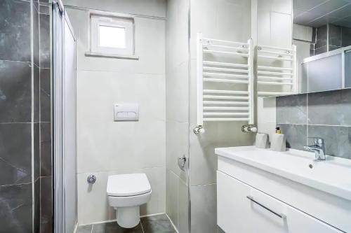 a white bathroom with a toilet and a shower at Sea and lake view in Maltepe in Istanbul
