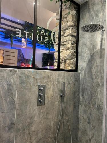 La salle de bains privative est pourvue d'une douche. dans l'établissement Grenoble LA SUITE 2 spa jaccuzzi et sauna privatif, à Grenoble