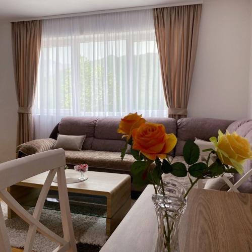 ein Wohnzimmer mit einem Sofa und einem Tisch mit Rosen in der Unterkunft Apartment Varezić in Plužine