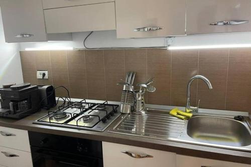 a kitchen counter with a stove and a sink at CASA DRENCOVA SRL in Berzasca