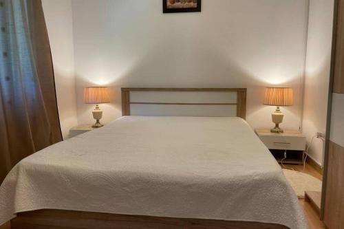 een slaapkamer met een groot wit bed met 2 lampen bij CASA DRENCOVA SRL in Berzasca