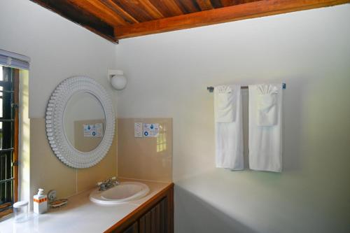 een badkamer met een wastafel en een spiegel bij The Cottages - Unit 2 in Soufrière