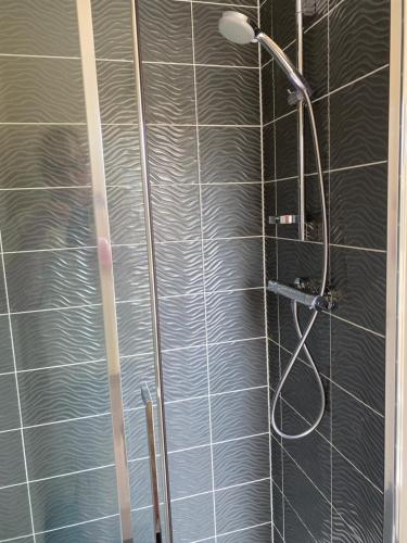 a bathroom with a shower with a shower head at Wellington view One en suite shower and super king bed in Wellington