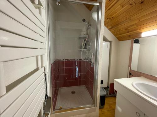 a shower with a glass door in a bathroom at sarl location Elodie et Ioannis in La Léchère