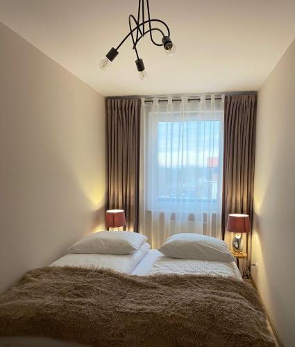a bedroom with two beds in front of a window at Apartament Sanok nad stawami in Sanok