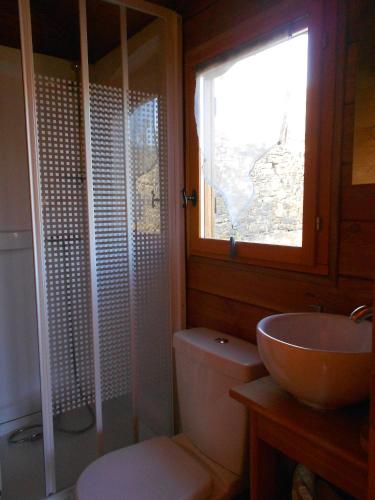 a bathroom with a toilet and a sink and a window at Roulotte du Mas Rondole in Saillagouse