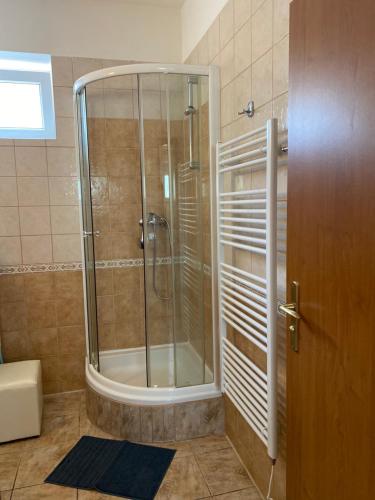 a shower with a glass door in a bathroom at Čertova bouda in Dolní Moravice
