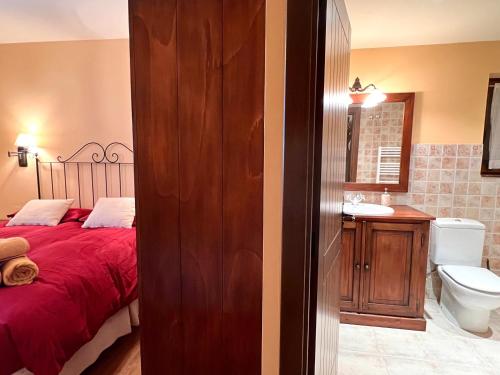 a bedroom with a bed and a sink and a toilet at Apartament de la Vall Ferrera in Areu
