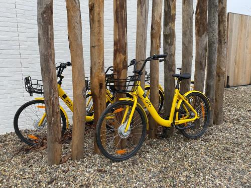 two yellow bikes parked next to a fence at Stijlvol huisje in de Brabantse natuur! Tuynloodz B in Beers
