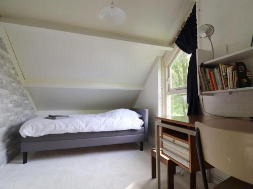 een slaapkamer met een bed, een bureau en een raam bij House in Appelscha on the edge of the forest in Appelscha