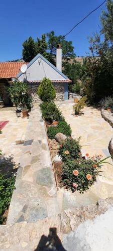 a person standing in front of a garden with flowers at Fragosiko - Rustic Retreat in Kefalonia in Argostoli