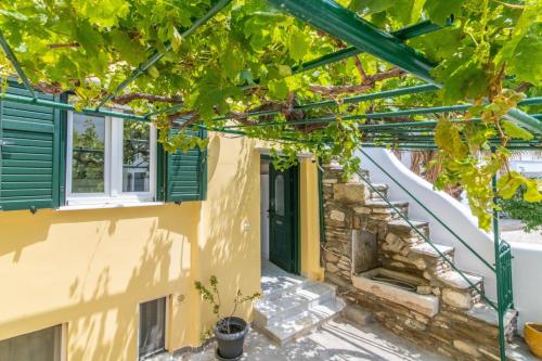 a house with a green door and some vines at Chora 5 - Central Rooms by TinosHost in Tinos Town