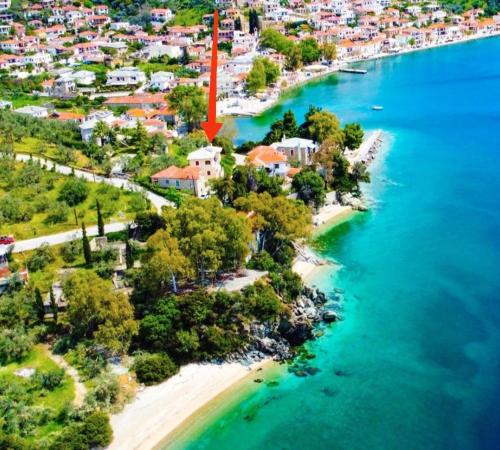 - une vue aérienne sur une plage avec une flèche rouge dans l'établissement Pelion Seaside Luxury House, à Áfissos