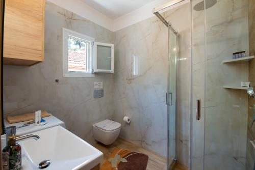 a bathroom with a shower and a sink and a toilet at Evi's Maisonette in Longós