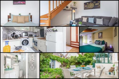 a collage of photos of a kitchen and a living room at La Maisonnette-Wifi Fibre-Netflix-Jardin-BBQ in Le Blanc-Mesnil