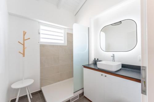 bagno bianco con lavandino e specchio di Only4View rooftop Sainte-Anne a Sainte-Anne
