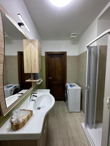 een badkamer met een wastafel, een toilet en een spiegel bij la dimora san marciano in LʼAquila