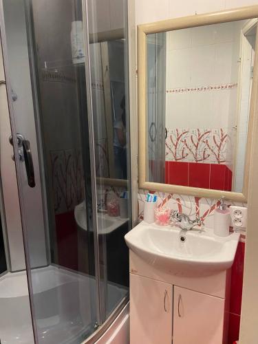 a bathroom with a sink and a shower at Apartment in Shoduar's park in Zhytomyr
