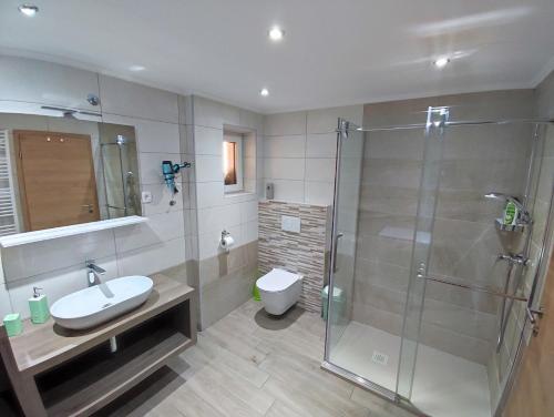 a bathroom with a shower and a sink and a toilet at Apartmaji Mojca in Bohinj