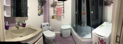 a small bathroom with a toilet and a sink at Cozy Retreat in Quiet Location in Chişinău