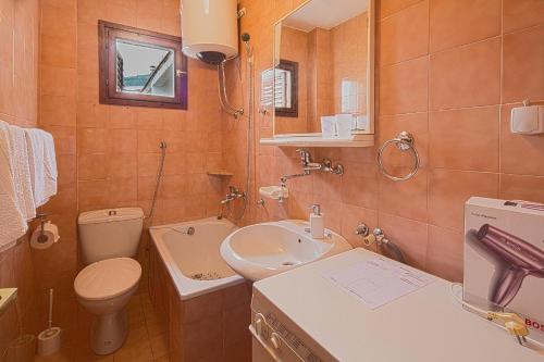 a bathroom with a sink and a toilet and a mirror at Apartment Family in Petrovac na Moru