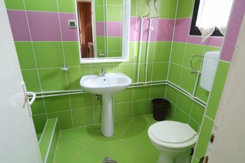 a green bathroom with a sink and a toilet at Sobe Milinka in Soko Banja