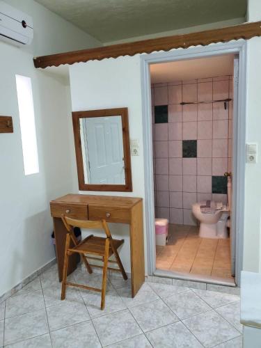 a bathroom with a sink and a mirror and a toilet at Villa Koutsakis in Kaloi Limenes