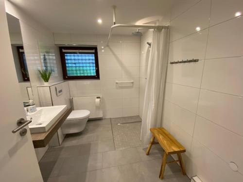 uma casa de banho branca com um WC e um lavatório em ALB 74 em Waldbronn