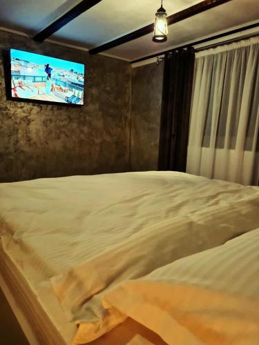 a bedroom with a bed with a tv on the wall at Vila N&N Palace in Bistriţa Bîrgăului