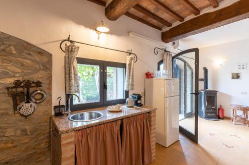 uma cozinha com um lavatório e um frigorífico em Casale Rosmarino em Suvereto