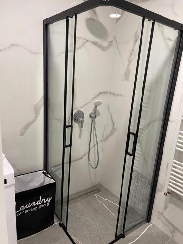 a shower with a glass door in a bathroom at Apartment Trebinje Sun in Trebinje