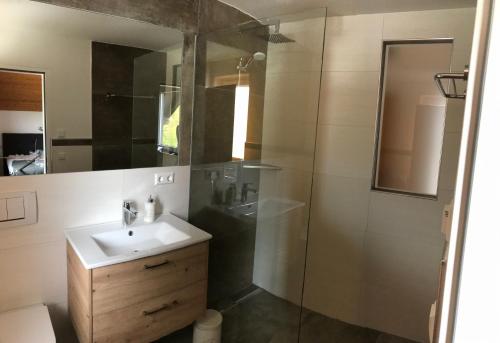 y baño con lavabo y ducha. en Ferienwohnung und Zimmer Kassar Bikertipp, en Mauterndorf