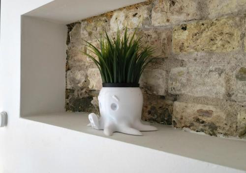 a vase with a plant in it sitting on a shelf at 4Work & Leisure EASY SELF-CHECKIN 3Parking CENTRAL STATION DISTRICT - simpletone02 in Vilnius