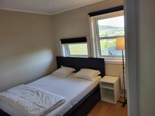 a small bedroom with a bed and two windows at Apartment in Sandvika Bærum - Great view and Attractive in Østre Jong