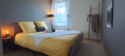- une chambre avec un lit doté de draps jaunes et une fenêtre dans l'établissement Stylish 1-bedroom flat with beautiful terrace , for a cosy Retreat, à Strasbourg