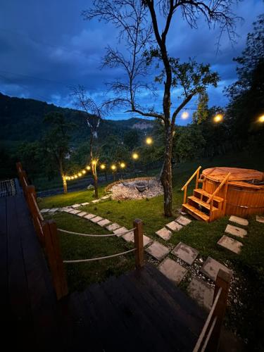 einen Garten in der Nacht mit einem Baum und Lichtern in der Unterkunft Casuta Nest in Curtea de Argeş