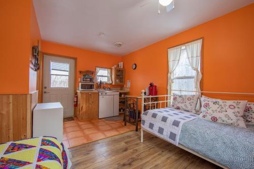 a kitchen with orange walls and a couch in a room at Trailside Accommodations and Outdoor Adventures in Birch Plain