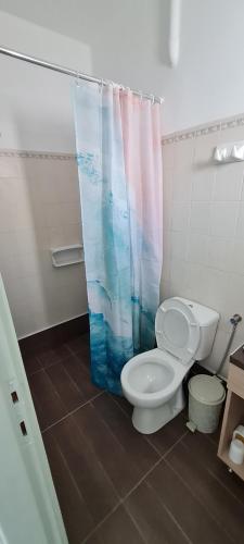 a bathroom with a toilet and a shower curtain at JP Pool & Apartments in Kardamaina
